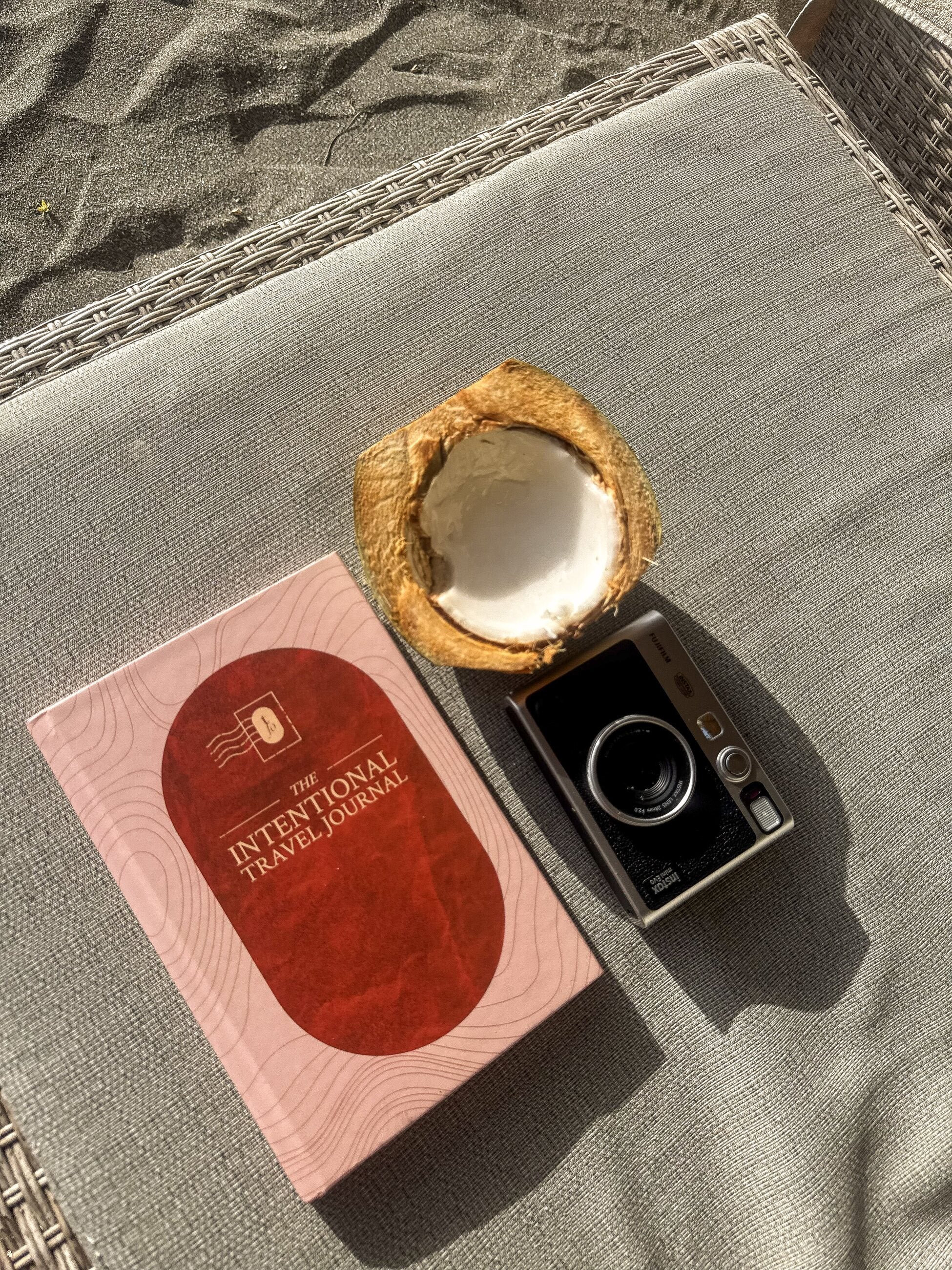 The journal on a lounger beside a camera and an open coconut