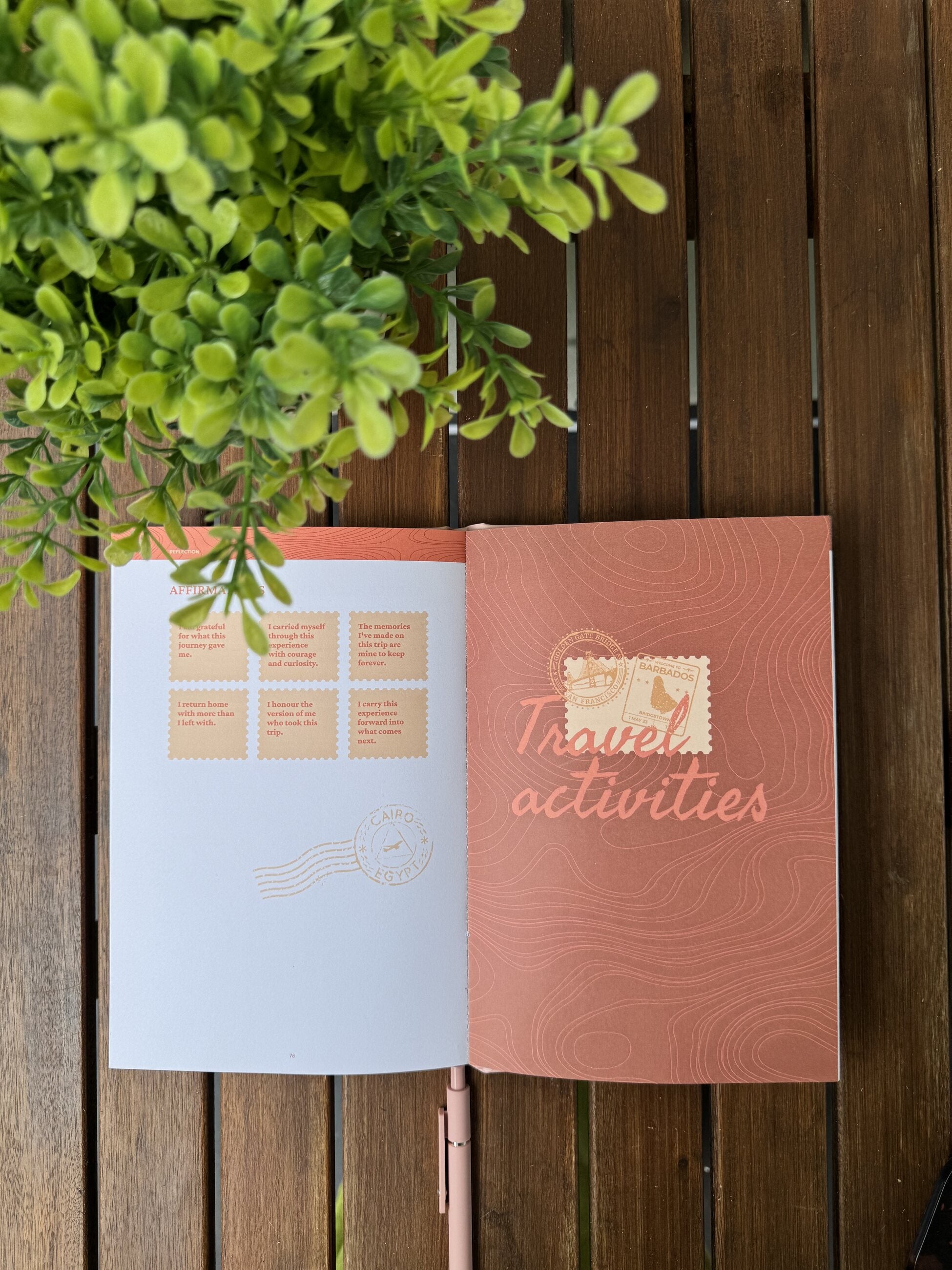 Travel activities and affirmations inside the journal.
