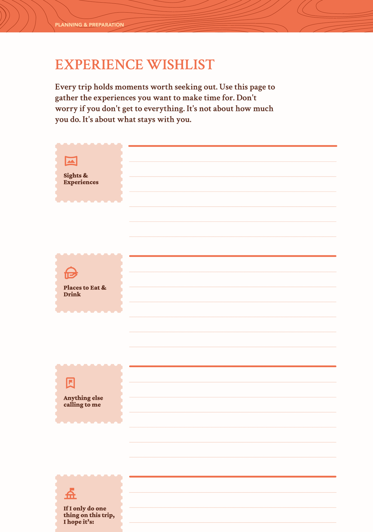 The Experience Wishlist page from The Intentional Travel Journal