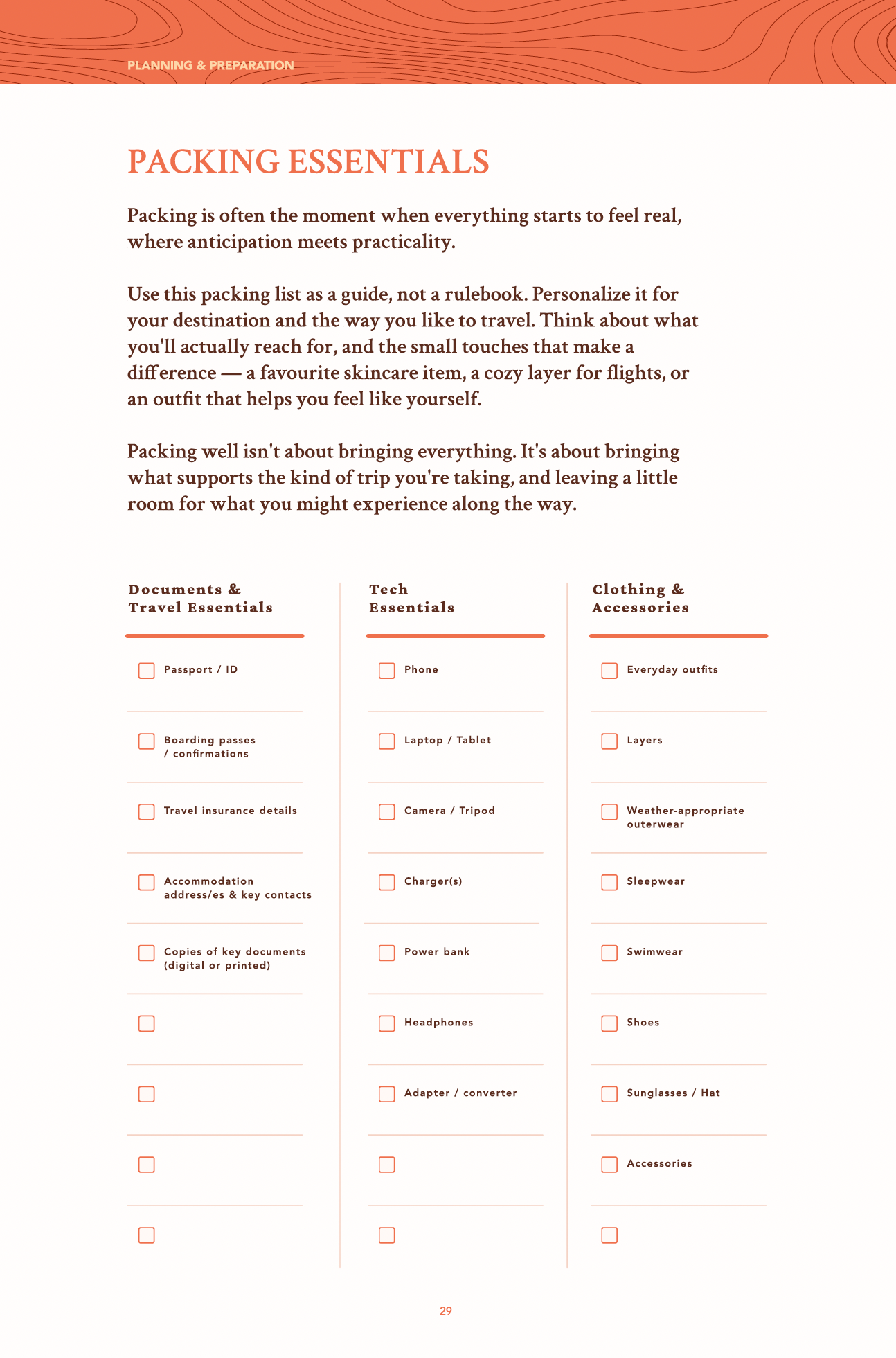 The Packing Essentials page from The Intentional Travel Journal