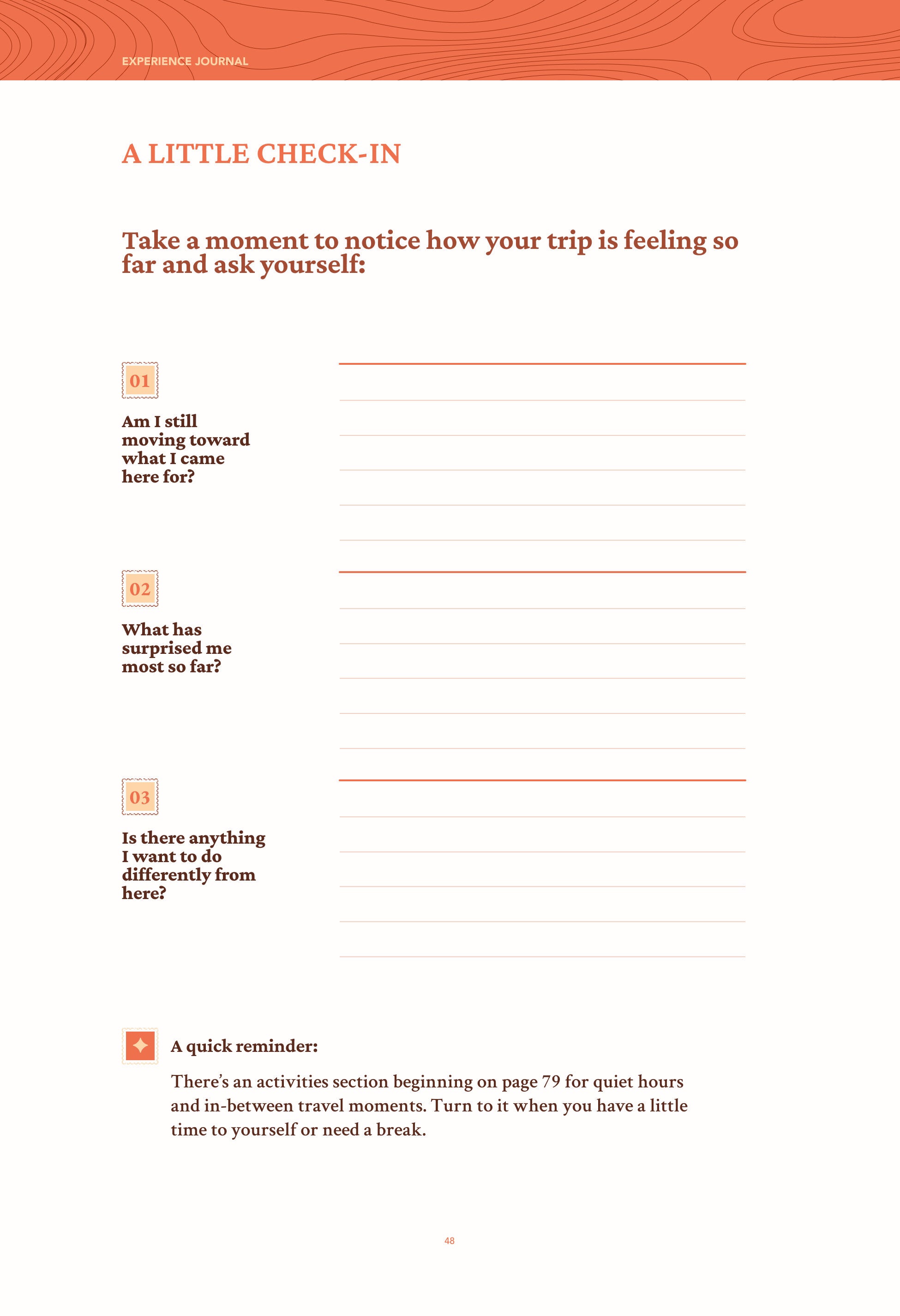 The Little Check-In page, with prompts to notice how the trip is feeling so far.