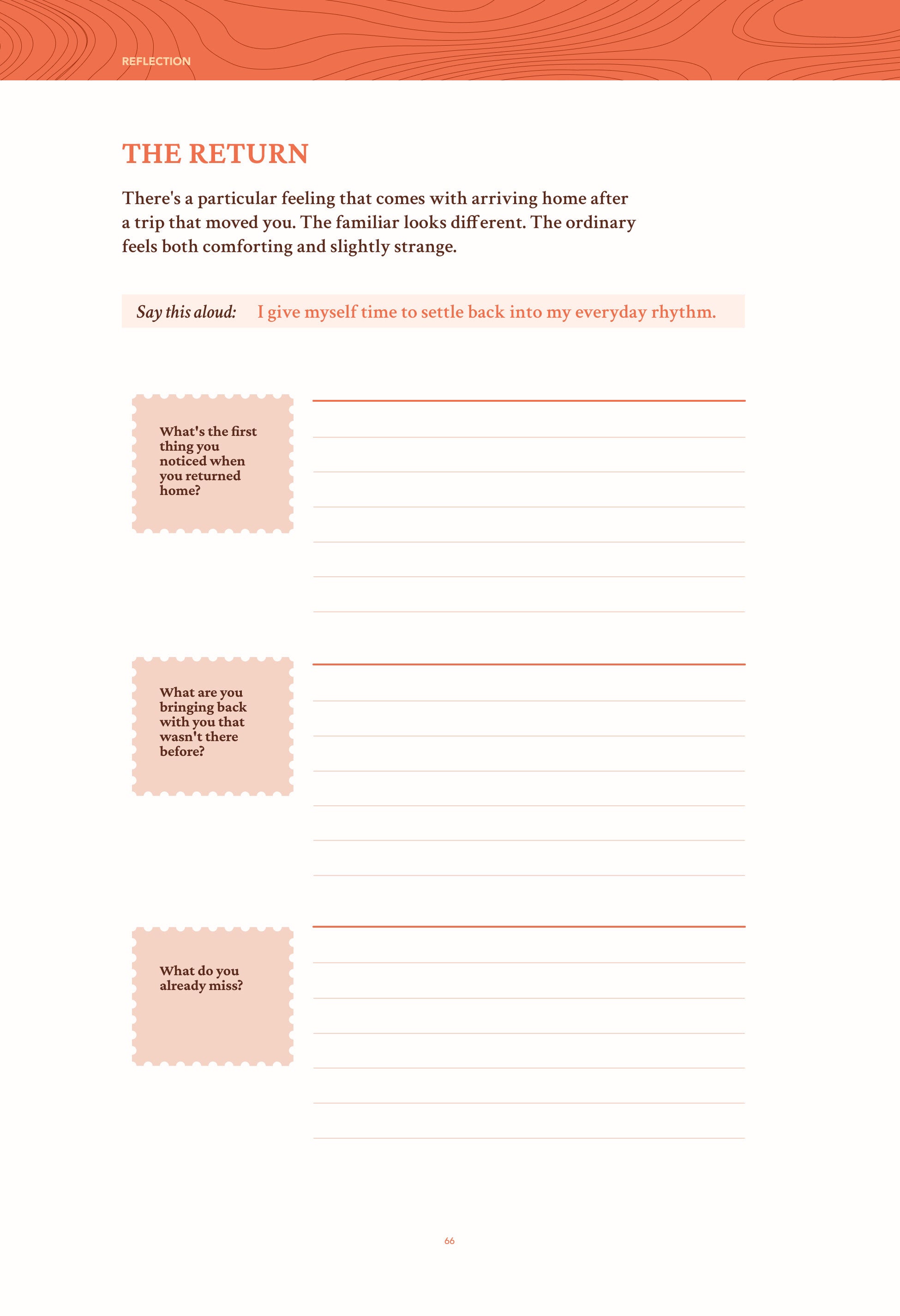The Return reflection page, inviting the traveler to notice what feels different after coming home.