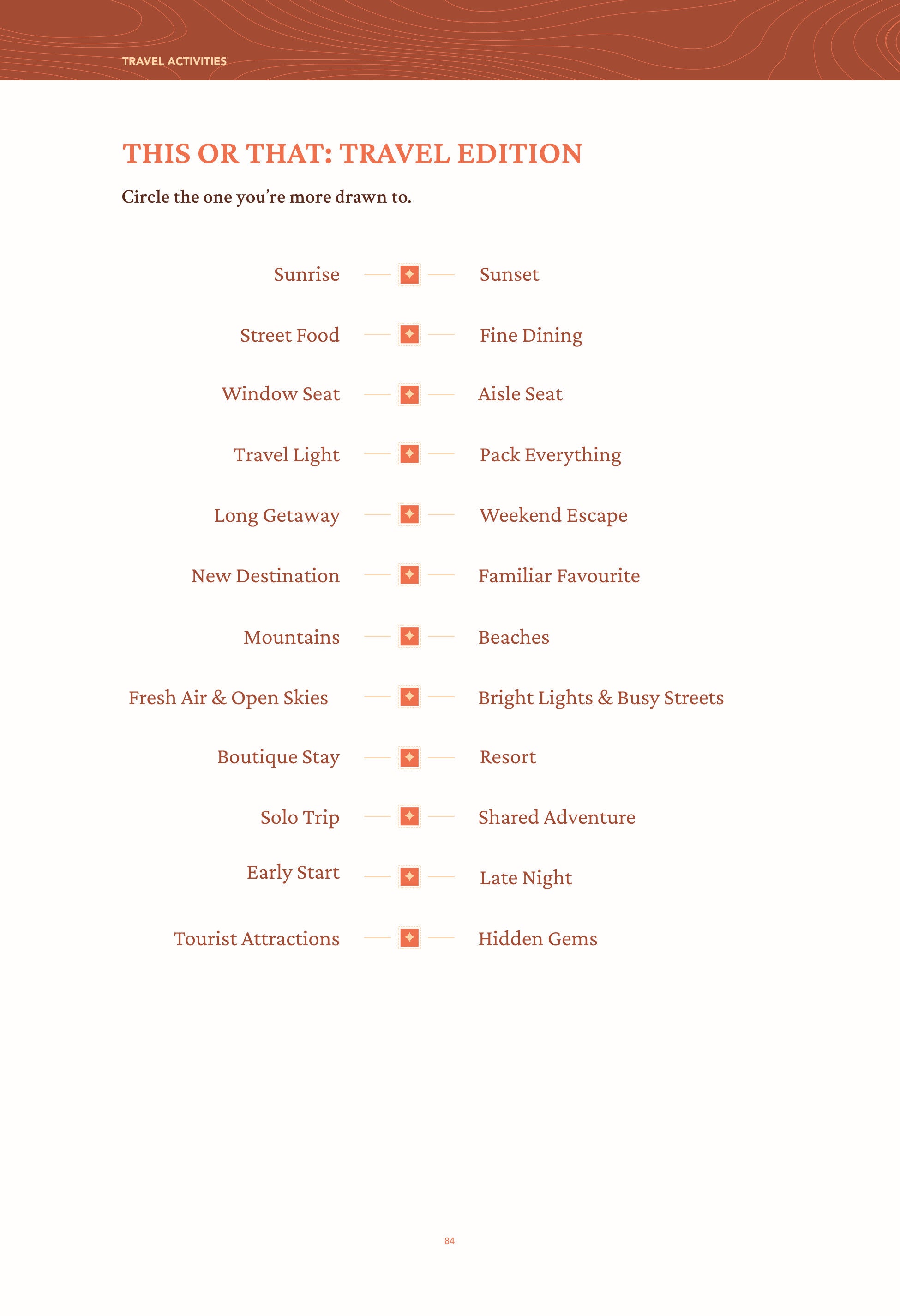 The This or That: Travel Edition activity page, with pairs of travel preferences to circle.