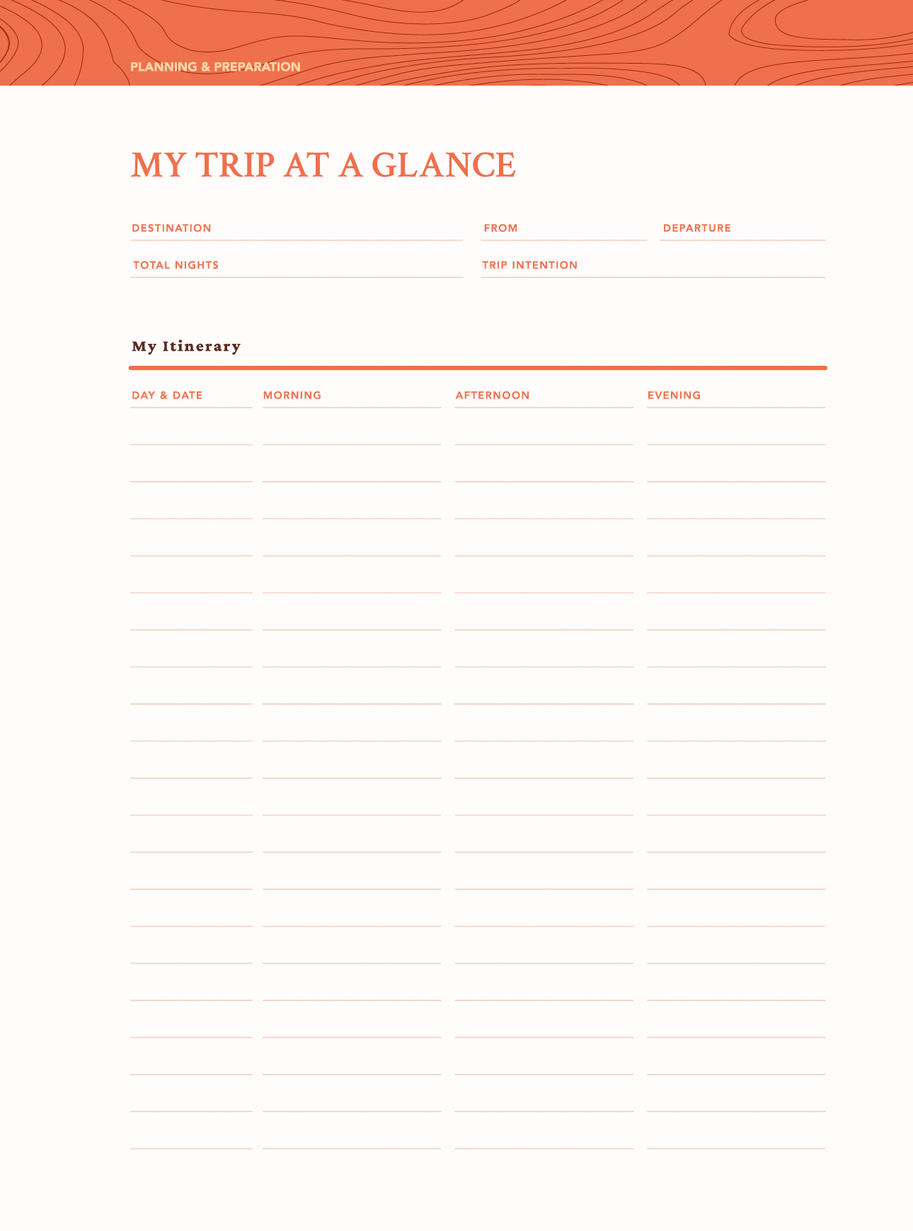 The My Trip at a Glance itinerary page from The Intentional Travel Journal